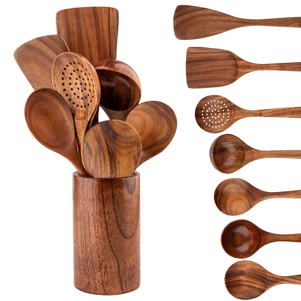 Wooden Kitchen Cooking Set – Spatula, Spoon & Salad Fork Set with Storage Bucket