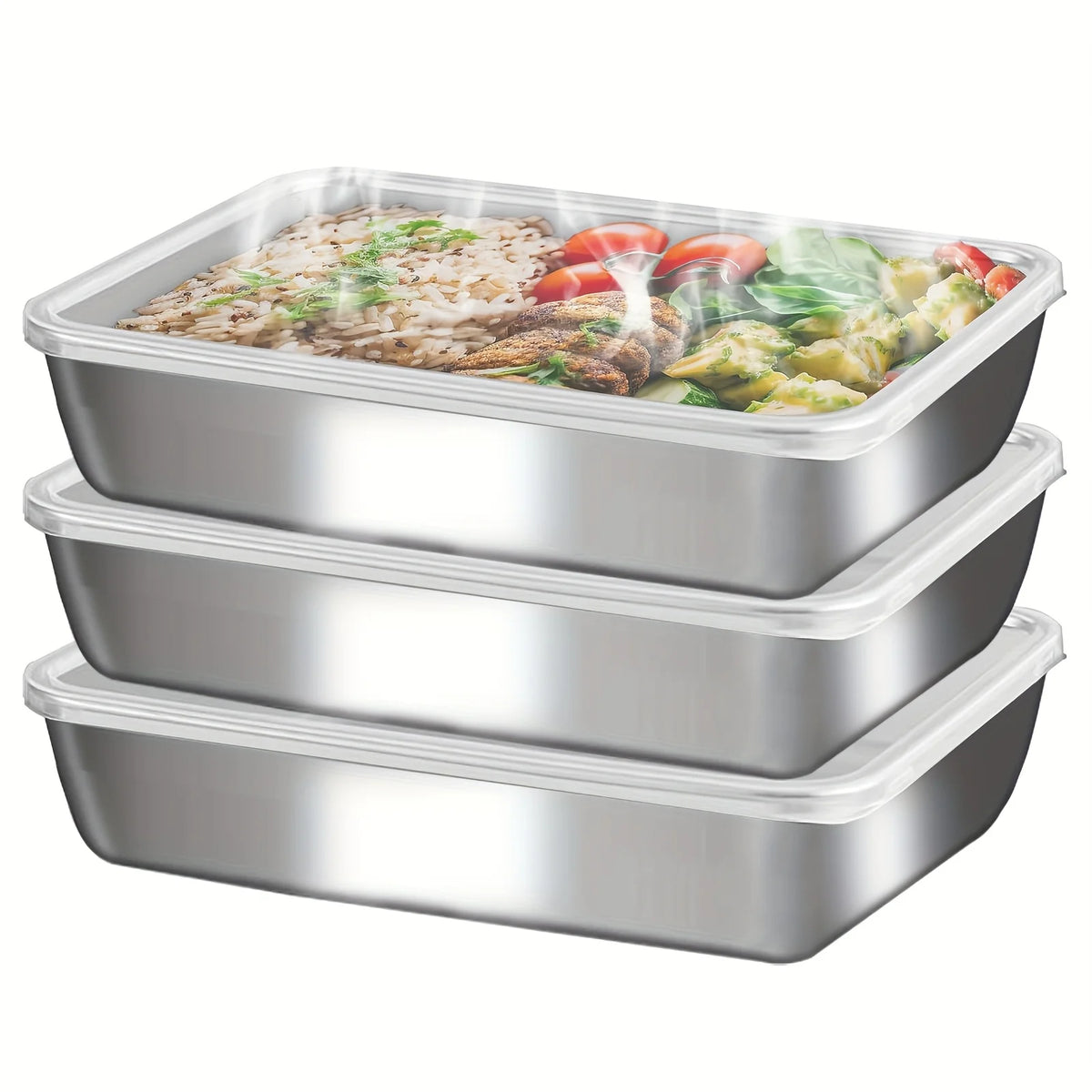 3PCS Stainless Steel Food Containers – Leakproof & Stackable with Clear Lids