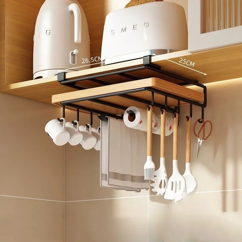 Under-Cupboard Hanging Kitchen Organizer Rack – Hooks for Paper Towels, Rags, Cutting Boards & Pot Lids