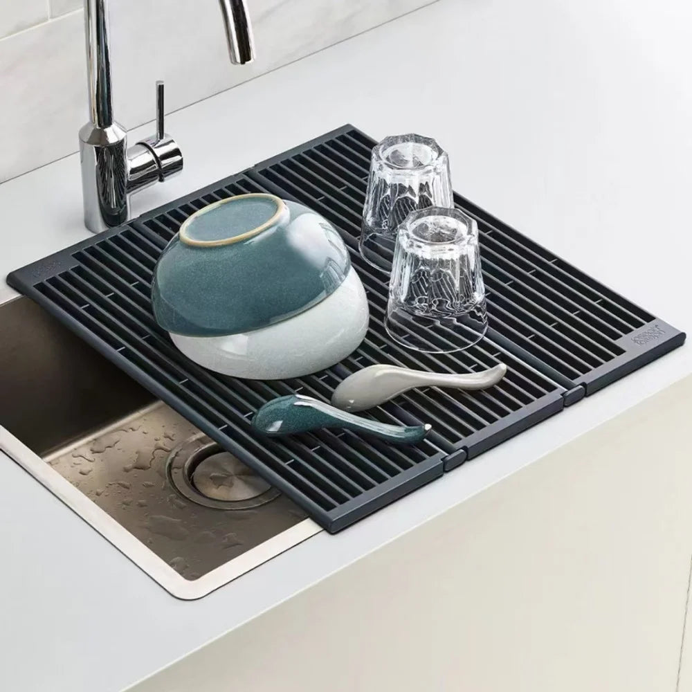 1PC Black Foldable Kitchen Sink Drainer – Splash-Proof & Space-Saving Design for Dishes and Utensils