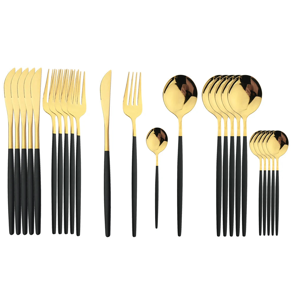 Black Handle Golden Cutlery Set – 24Pcs Stainless Steel Knife, Fork & Spoon Dinnerware