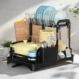 2-Tier Dish Drying Rack – Black Countertop Drainer with Auto-Drain Board
