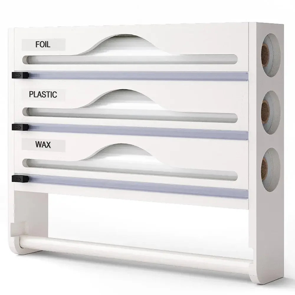 Bamboo Cling Film & Foil Cutter Box – Multi-Layer Kitchen Organizer with Paper Towel Holder