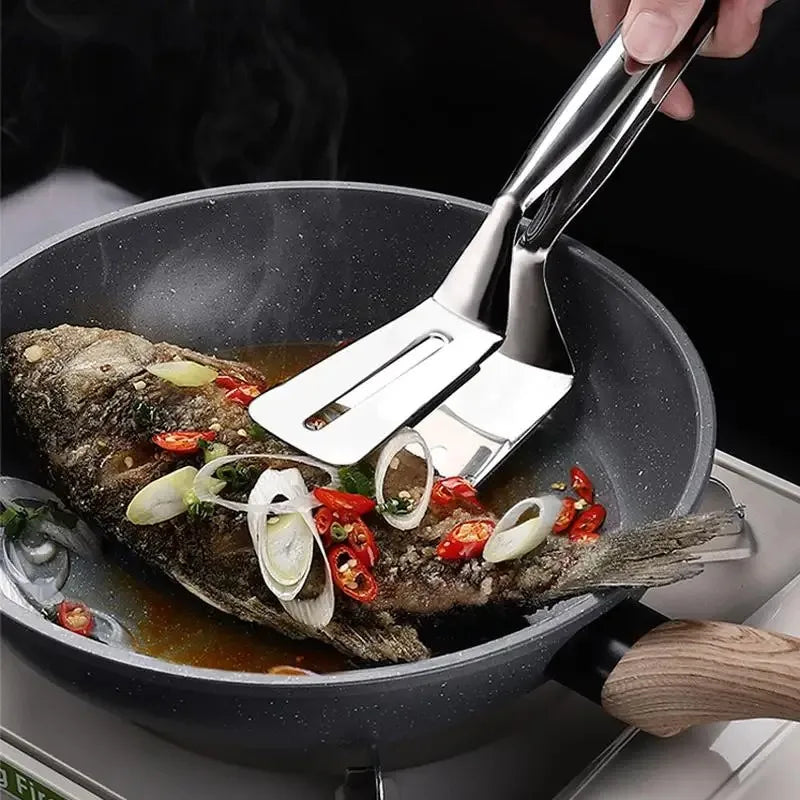 Stainless Steel Frying Shovel Clip – Multifunctional BBQ Tongs & Fish Spatula