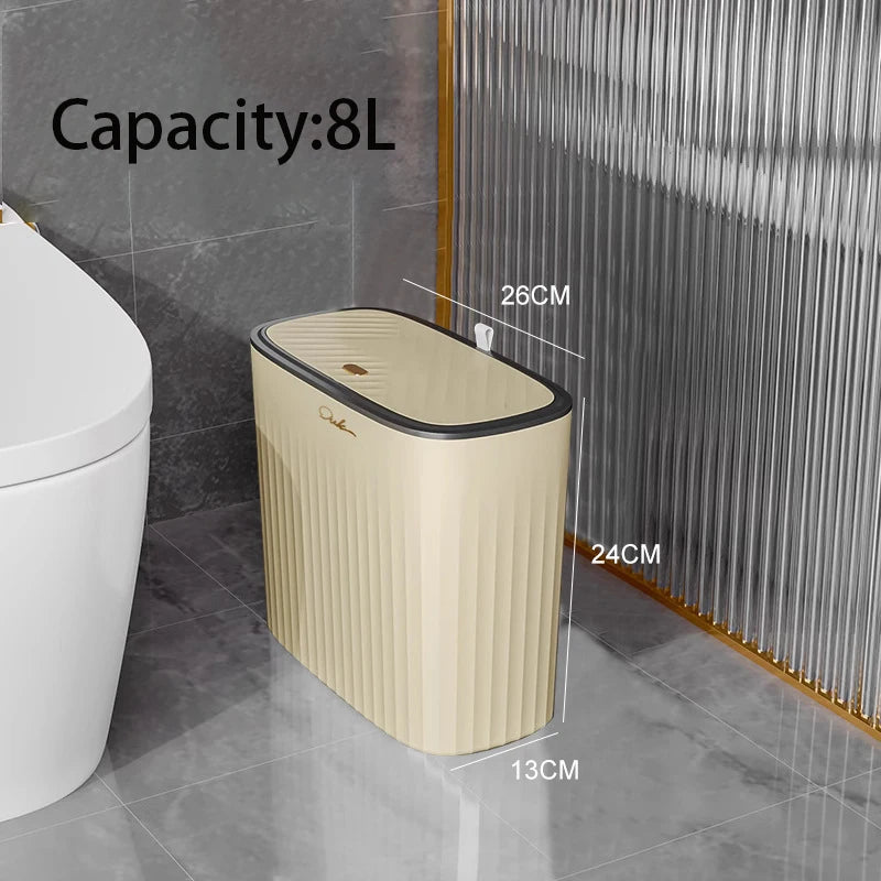 Narrow Press Ring Trash Can with Lid – Slim Garbage Bin for Bathroom Gaps & Waste Classification