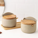 Japanese Style Ceramic Seasoning Jar with Bamboo Lid & Spoon