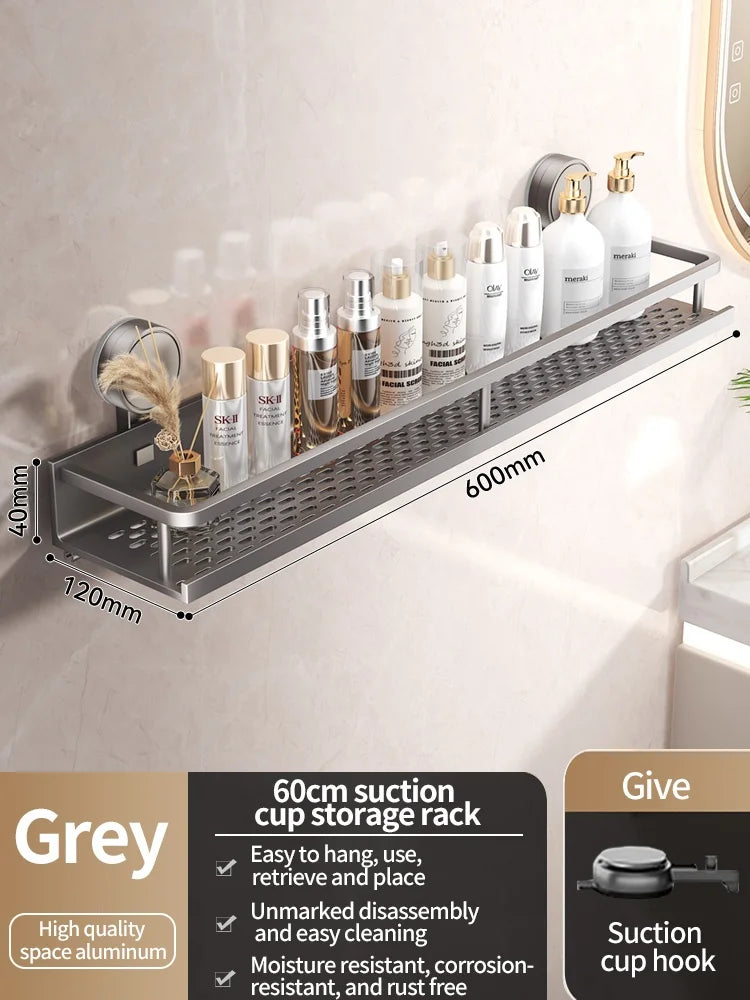 No-Drill Suction Cup Bathroom Rack – Aluminum Wall-Mounted Shower Shelf Organizer