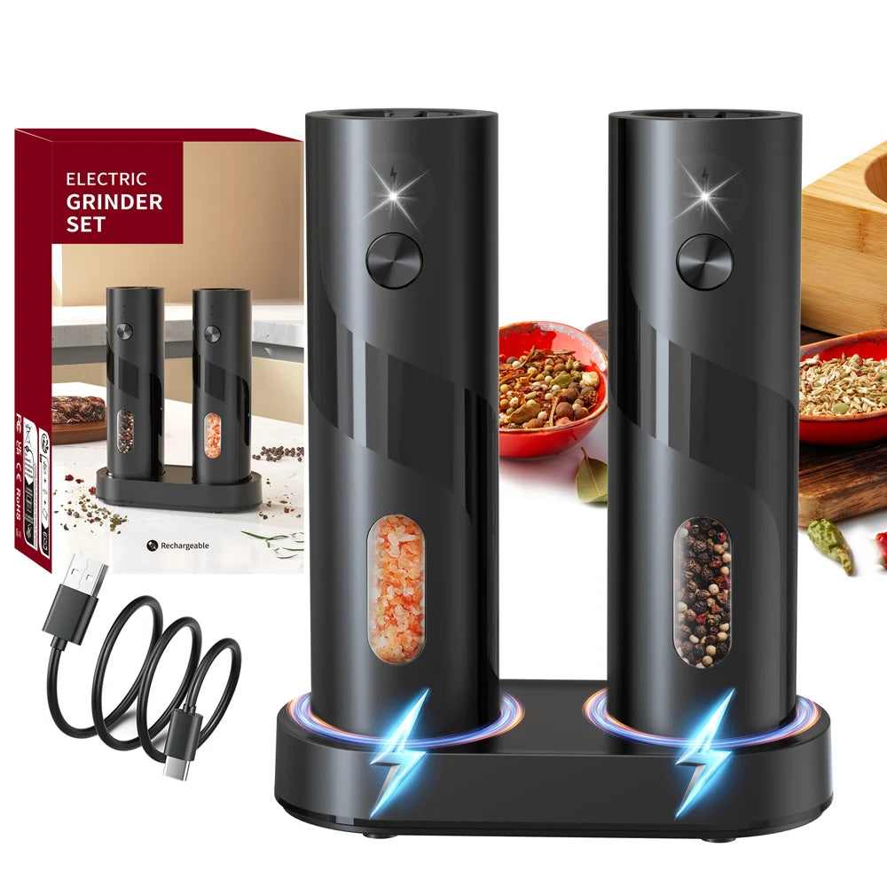 2-Pcs Automatic Salt & Pepper Grinder Set – USB Rechargeable with LED & Adjustable Coarseness