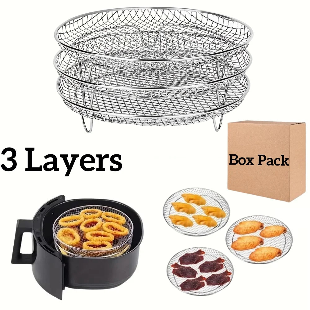 1/3-Layer Stainless Steel Air Fryer Accessories – Stackable BBQ Grill Rack & Multipurpose Frying Basket