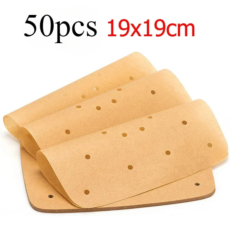Upgraded Air Fryer Parchment Paper Liners – Disposable Square Perforated Sheets (50/100 Pcs)