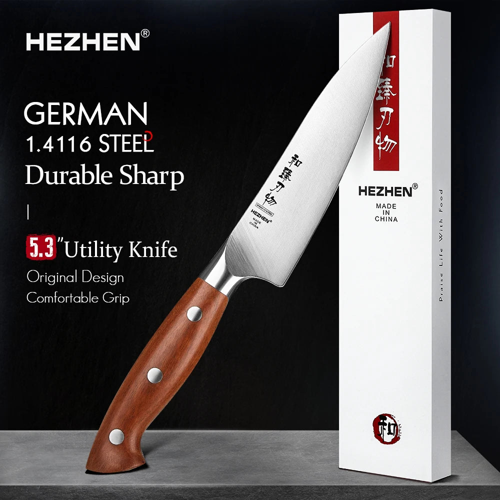 HEZHEN 5.3" Utility Knife – German 1.4116 Steel with Red Wood Handle