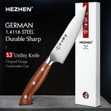 HEZHEN 5.3" Utility Knife – German 1.4116 Steel with Red Wood Handle