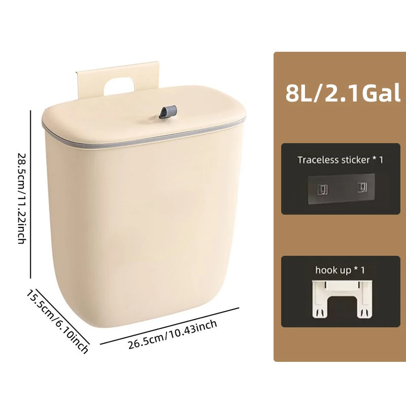 Plastic Wall-Mounted Trash Can with Sliding Lid – Hanging Garbage Bin for Bathroom, Kitchen & Cabinet Door