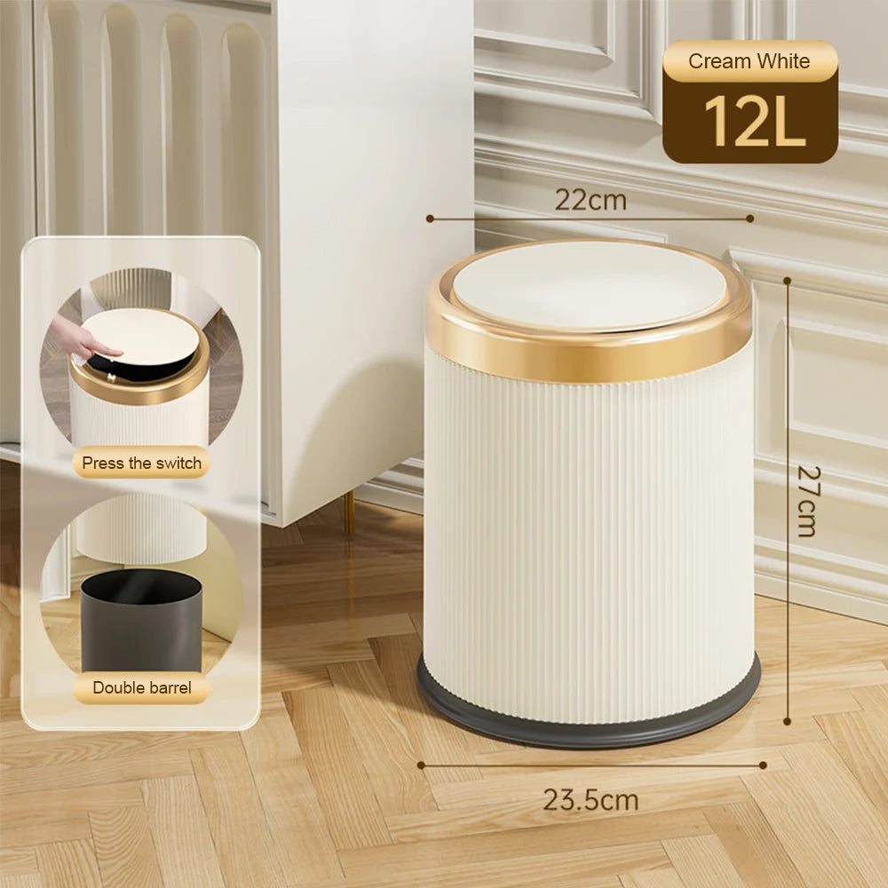 Light Luxury Press Trash Can with Lid – Stylish Wastebasket with Removable Inner Bucket for Office, Living Room & Bathroom