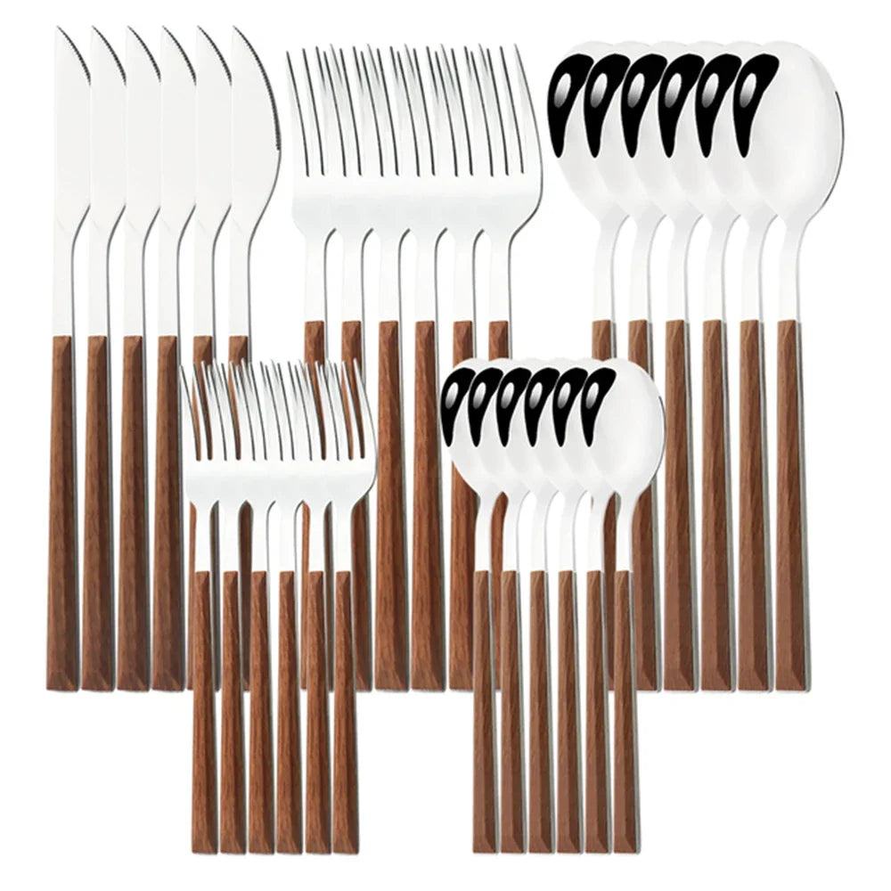 Stainless Steel Cutlery Set with Imitation Wooden Handle – Knife, Fork & Tea Spoon (16/24/30pcs)