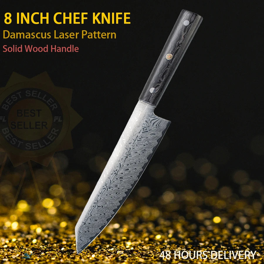Japanese Santoku Chef Knife – Laser Damascus Pattern Stainless Steel with Solid Wood Handle