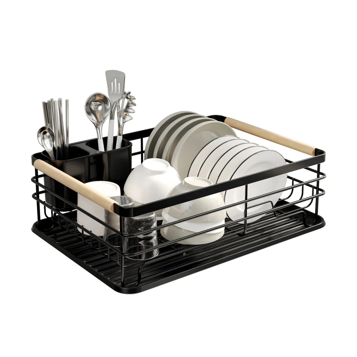 Single Tier Dish Drying Rack – Steel Bowl Organizer with Utensil Holder