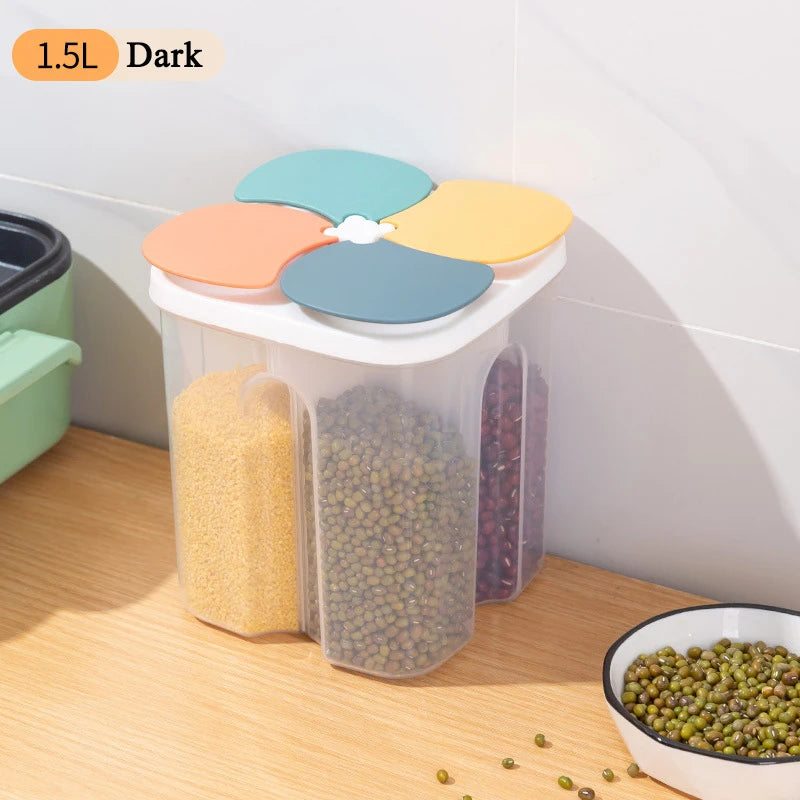 Kitchen Cereal Storage Box – 4-Grid Sealed Food Container for Grains & Pasta