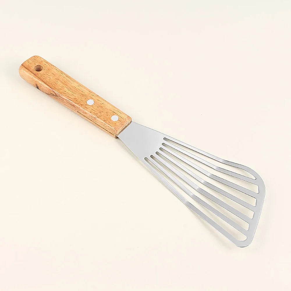 Stainless Steel Fish Frying Shovel with Wooden Handle – Fan-Shaped Turner for High-Temperature Cooking