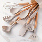 12PCS Silicone Kitchen Utensils Set with Wooden Handles – Heat-Resistant Non-Stick Cooking Tools