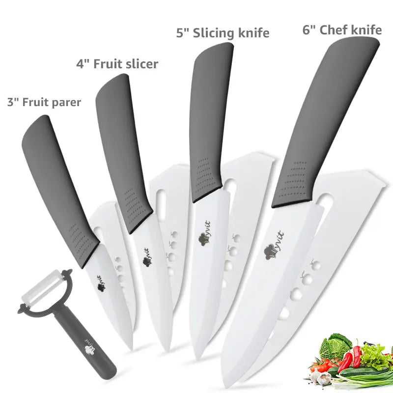 Akatsuki Ceramic Kitchen Knives Set – 3/4/5/6 Inch White Zirconia Blade with Vegetable Peeler