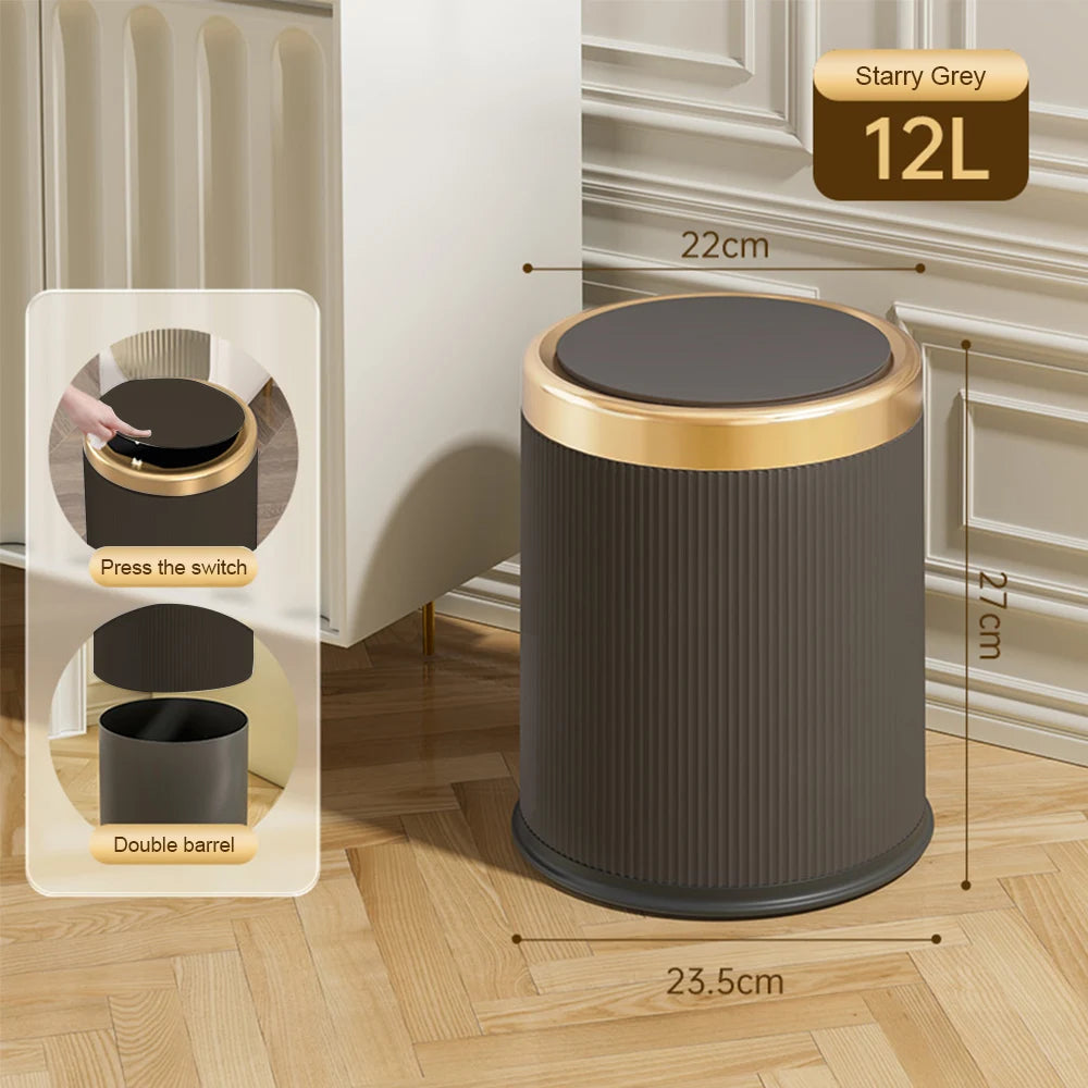 Light Luxury Press Trash Can with Lid – Stylish Wastebasket with Removable Inner Bucket for Office, Living Room & Bathroom
