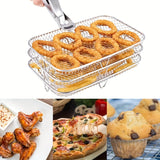 1/3-Layer Stainless Steel Air Fryer Accessories – Stackable BBQ Grill Rack & Multipurpose Frying Basket