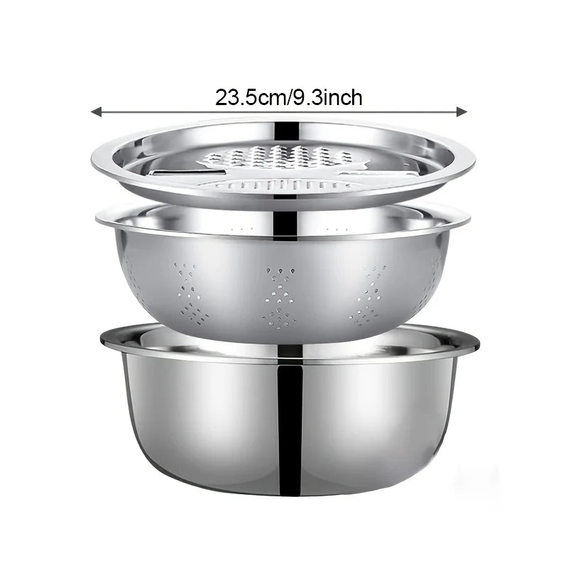 3PC Stainless Steel Kitchen Set – Grinder, Strainer & Bowl Combo with Drain System