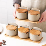 Japanese Style Ceramic Seasoning Jar with Bamboo Lid & Spoon
